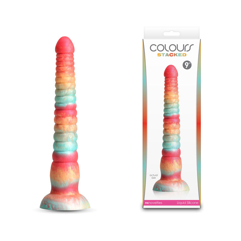 Colours Stacked - 9'' Dildo - Red/Gold - Red/Gold 23 cm Fantasy Dildo displayed with packaging.
