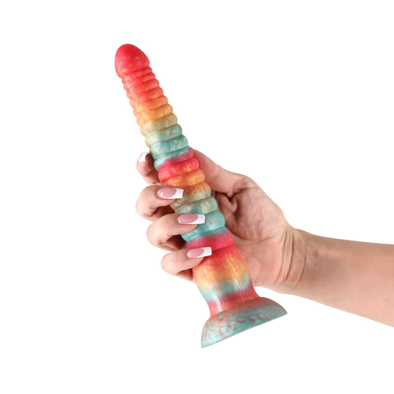 Colours Stacked - 9'' Dildo - Red/Gold - Red/Gold 23 cm Fantasy Dildo held in hand, showcasing the vibrant tri-coloured design.