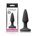 Colours Pleasures - Black Mini Butt Plug displayed in packaging, made of silicone, suitable for intimate essentials for her.