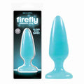 Glow-in-the-dark butt plug in packaging, featuring a blue tapered design for added pleasure.