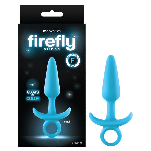 Firefly Prince - Glow-in-Dark 10.9 cm Small Butt Plug with Ring Bull in blue silicone packaging.