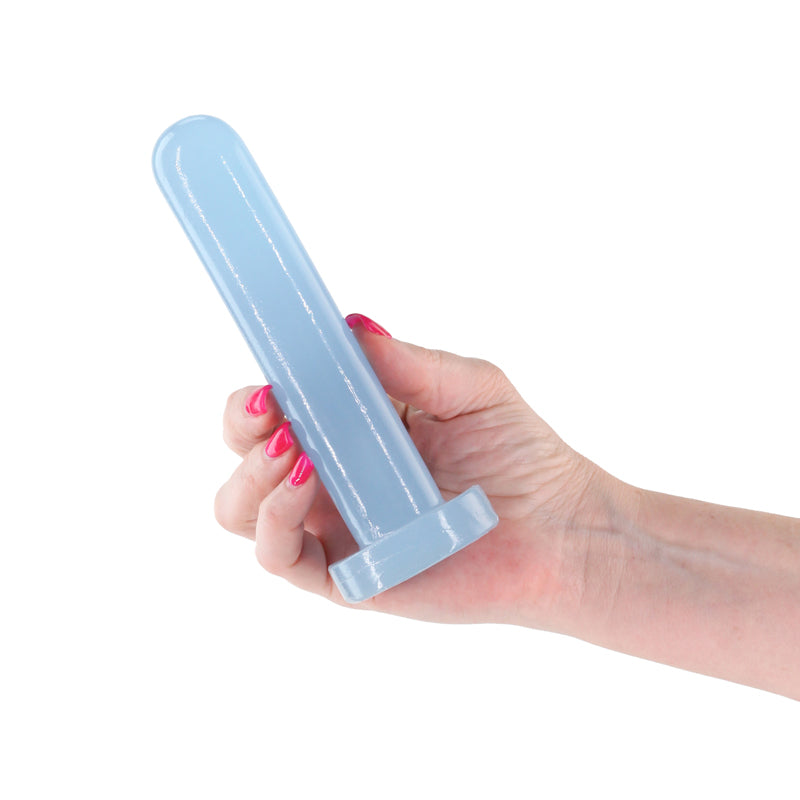 Firefly - Thrill -  - Small - Glow in Dark  15.5 cm Small Dildo being held in hand, showcasing its blue color.