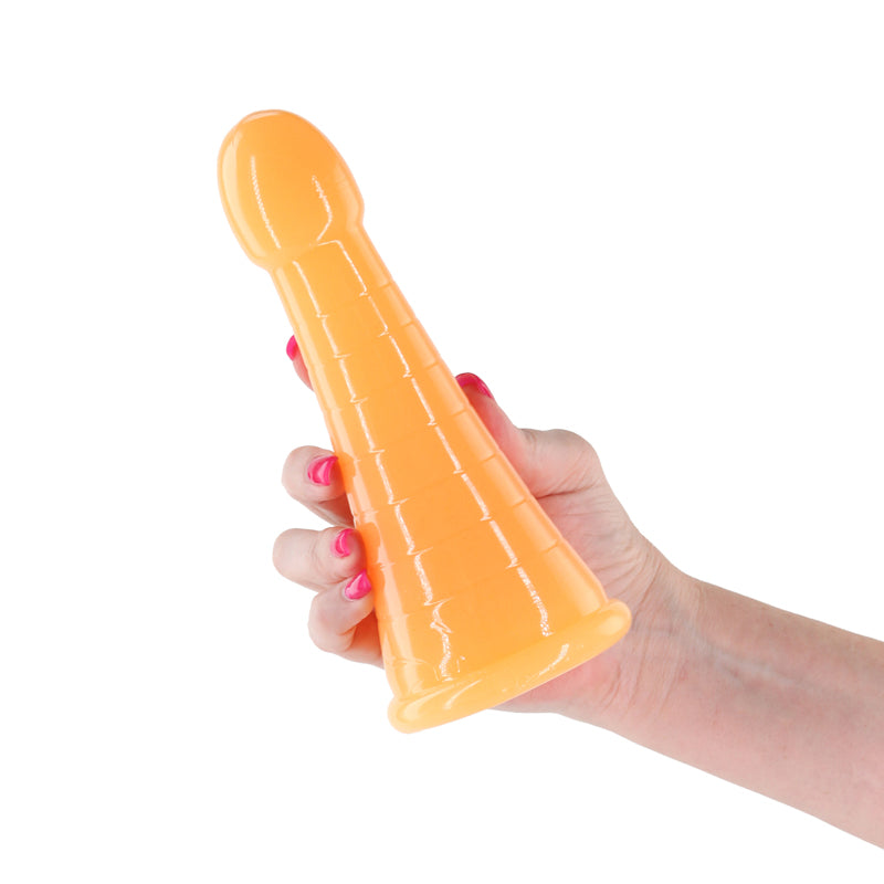 Firefly - Phoenix - Orange - Glow in Dark Orange 19.2 cm Dildo held in hand, showcasing its playful design and vibrant color.