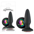 Glams -  10.4 cm (4'') Butt Plug with Rainbow Sparkling Gem in packaging highlighting its colorful gem and smooth silicone design.