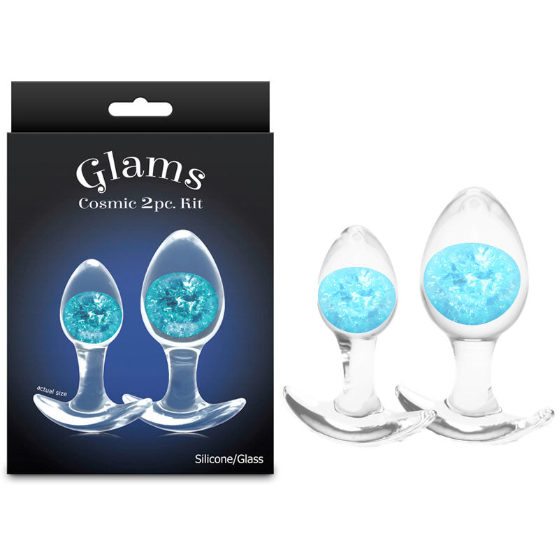 Glams Cosmic 2pc Kit -  - Clear/ Butt Plugs - Set of 2 Sizes featuring blue glass marble, ideal intimate essentials for her.