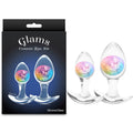Glams Cosmic 2pc Kit - Rainbow - Clear/Rainbow Butt Plugs - Set of 2 Sizes packaging and plugs displayed.