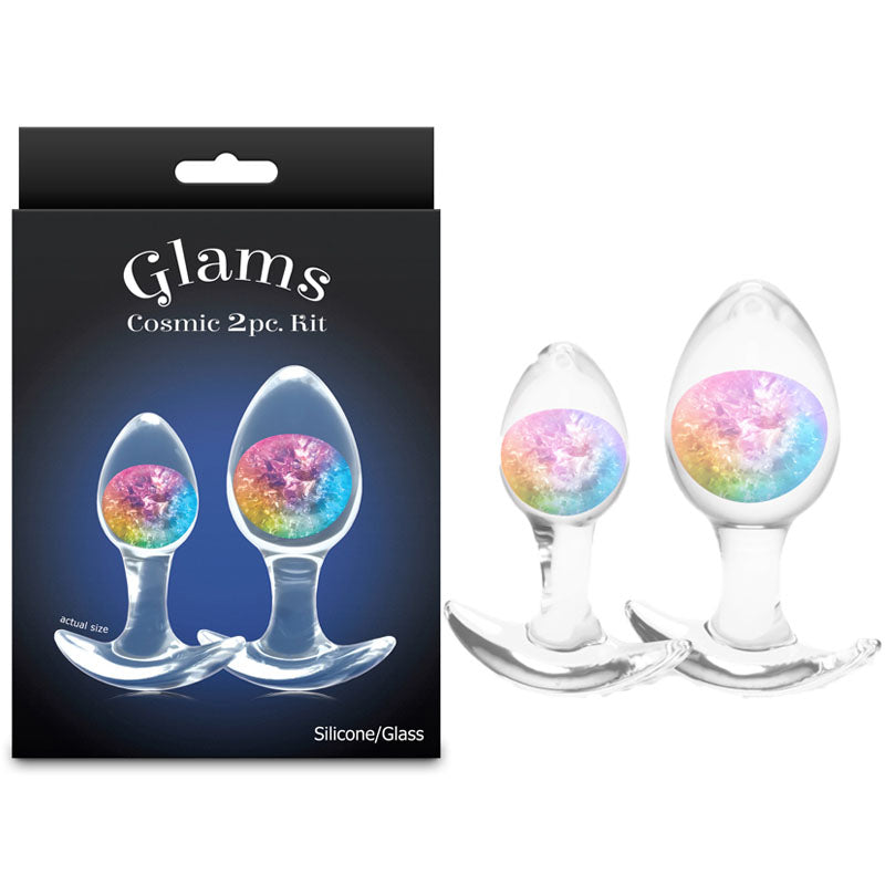 Glams Cosmic 2pc Kit - Rainbow - Clear/Rainbow Butt Plugs - Set of 2 Sizes packaging and plugs displayed.