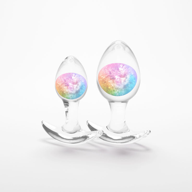 Glams Cosmic 2pc Kit - Rainbow - Clear/Rainbow Butt Plugs - Set of 2 Sizes with vibrant internal glass marbles.
