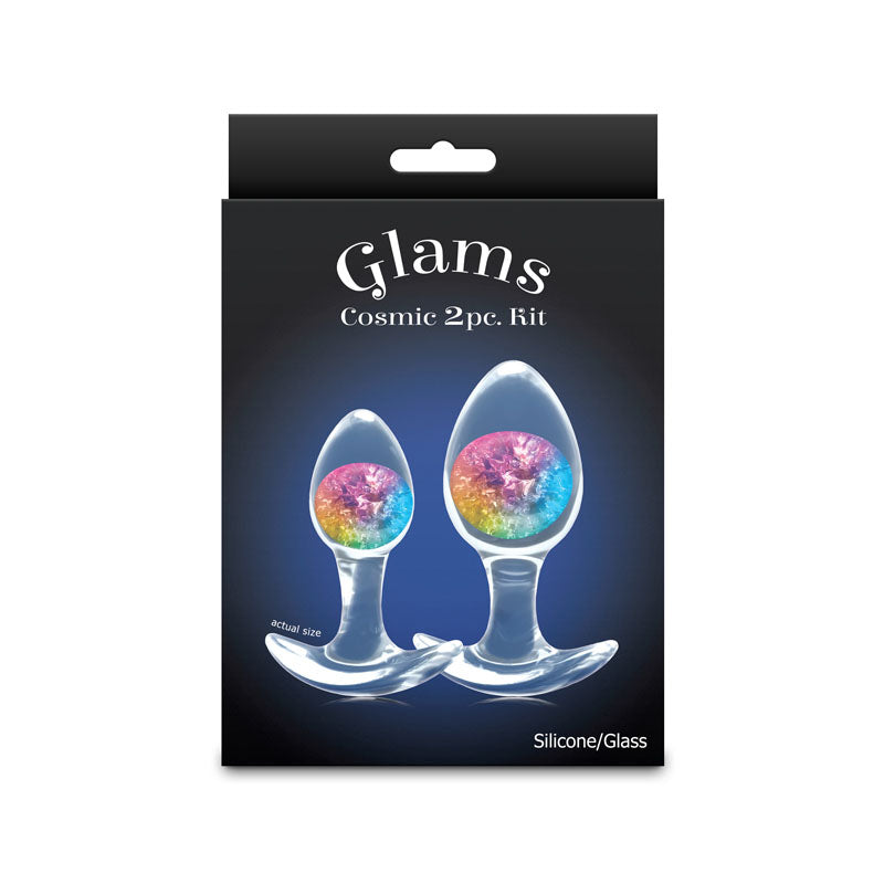 Glams Cosmic 2pc Kit - Rainbow - Clear/Rainbow Butt Plugs - Set of 2 Sizes packaging image with colorful marbles.