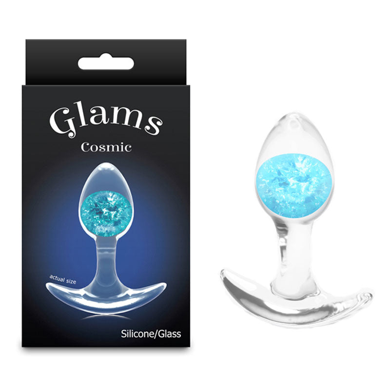 Glams Cosmic - Small -  - Clear/ 8.1 cm Small Butt Plug packaging showing the product with sparkly blue glass marble.