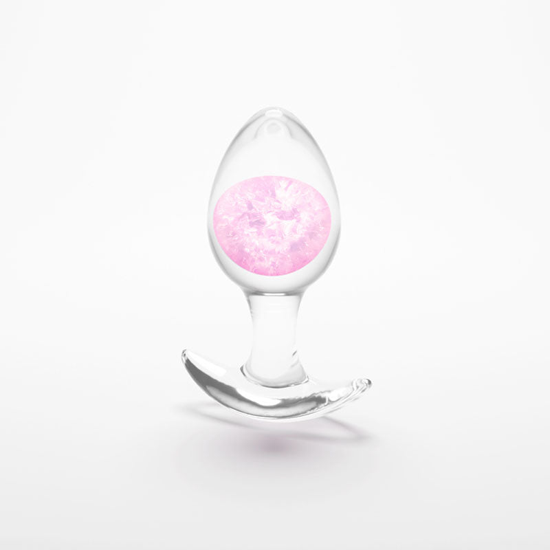 Glams Cosmic - Medium -  - Clear/ 9.5 cm Small Butt Plug with a vibrant pink sparkle inside.