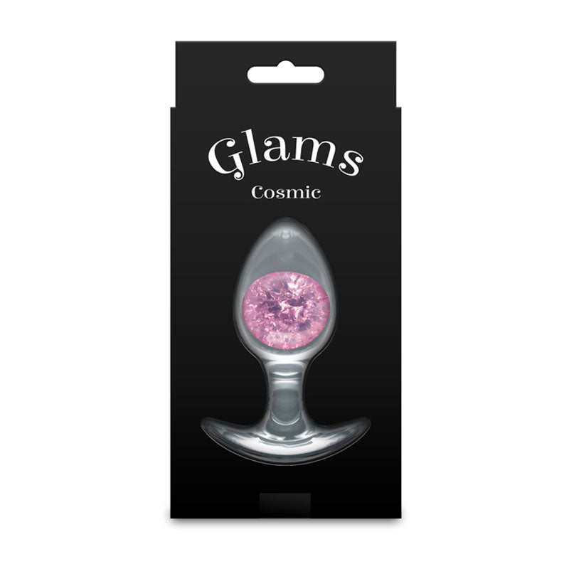 Glams Cosmic - Medium -  - Clear/ 9.5 cm Small Butt Plug with pink internal glass marble packaging.