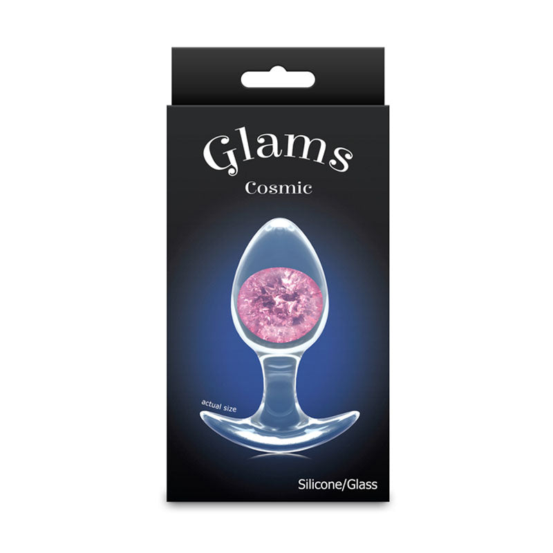 Glams Cosmic - Medium -  - Clear/ 9.5 cm Small Butt Plug packaging with a pink glass marble.