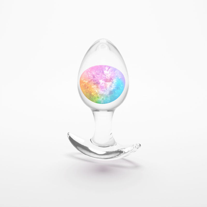 Glams Cosmic - Medium - Rainbow - Clear/Rainbow 9.5 cm Small Butt Plug on a white background.
