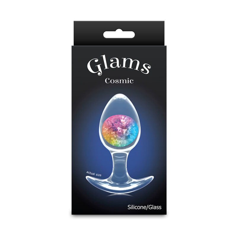 Glams Cosmic - Medium - Rainbow - Clear/Rainbow 9.5 cm Small Butt Plug packaging featuring a colorful internal glass marble.