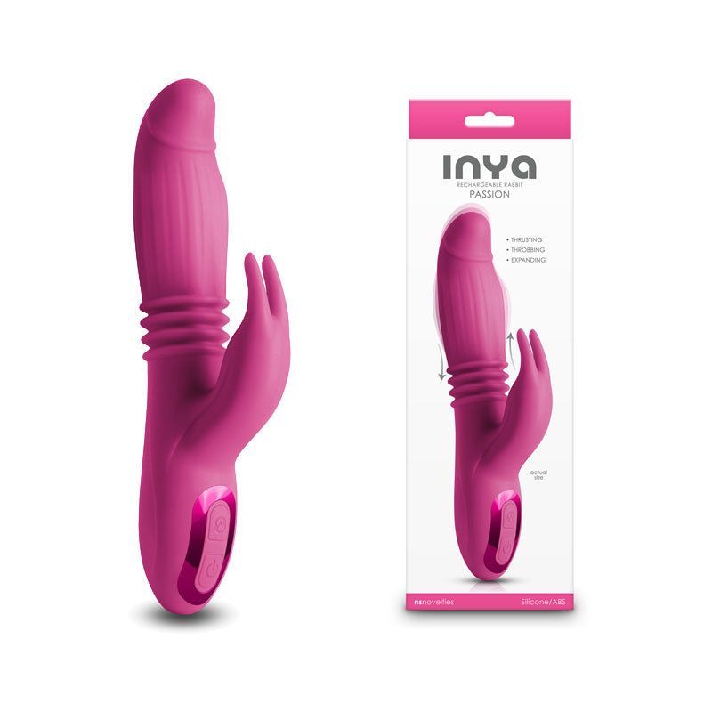 INYA Passion -  -  22.2 cm USB Rechargeable Thrusting Rabbit Vibrator in bright pink with box packaging.