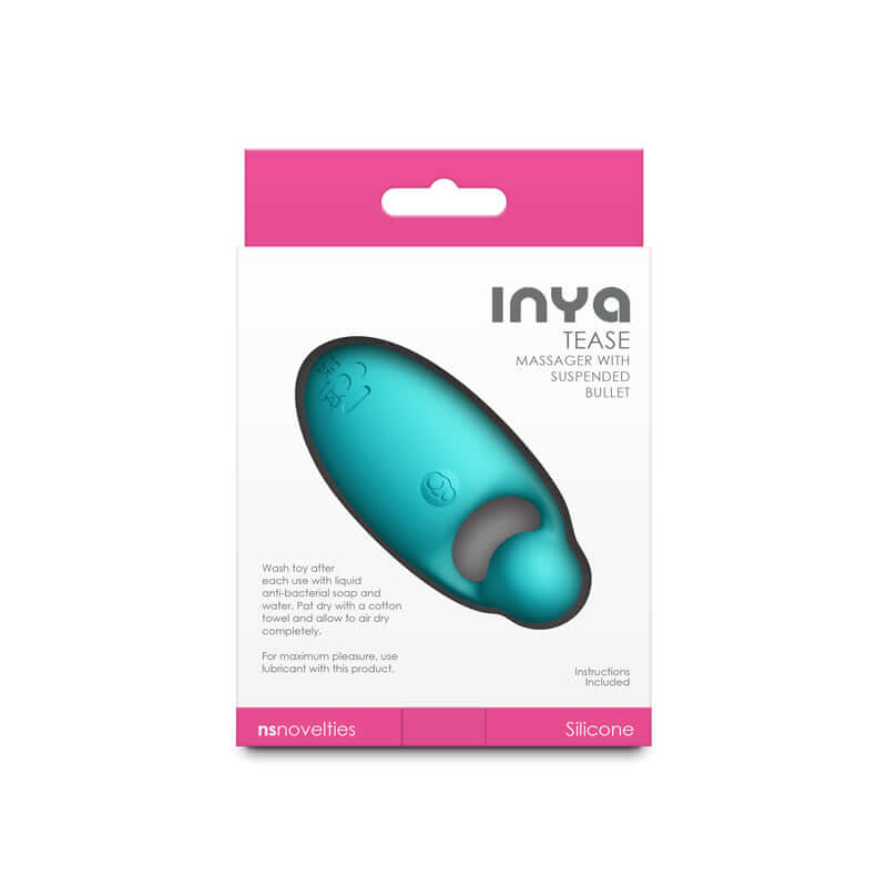 INYA Tease - Teal USB rechargeable finger stimulator packaging with suspended bullet design.
