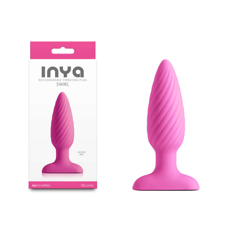 INYA Swirl 10.7 cm USB rechargeable vibrating anal plug with ribbed design in pink silicone.