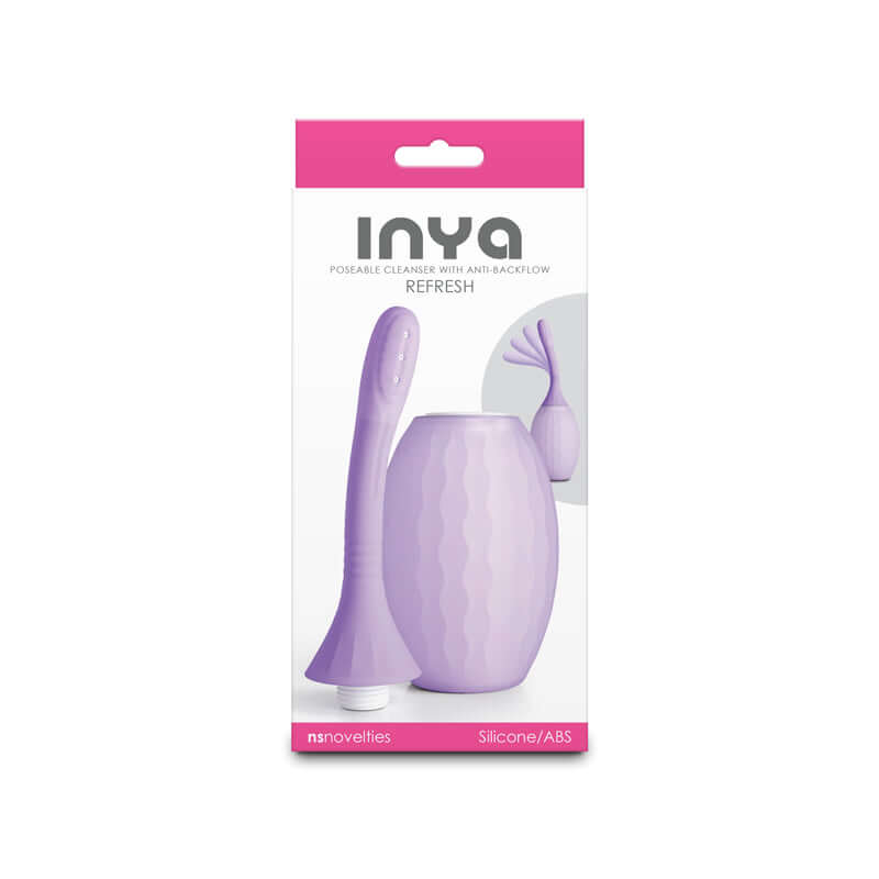 INYA Refresh unisex intimate hygiene douche with anti-backflow design, featuring a squeezable bulb and silicone nozzle.