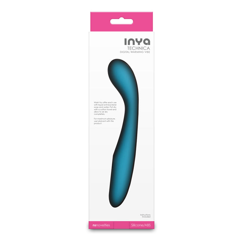 INYA Technica - Teal - Teal 19.2 cm USB Rechargeable Warming Vibrator packaging with a digital display and silicone material.