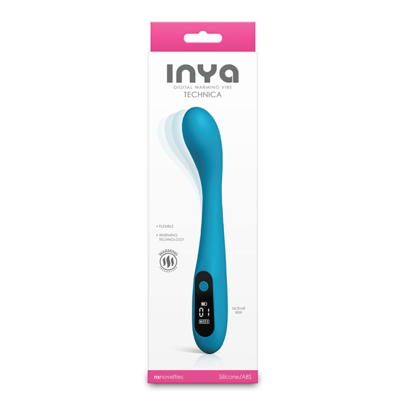 INYA Technica - Teal - Teal 19.2 cm USB Rechargeable Warming Vibrator packaging with digital display and silicone design.