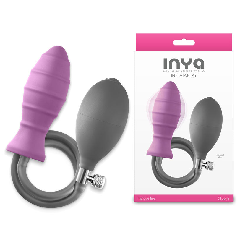 INYA InflataPlay -  -  10.5 cm Inflatable Butt Plug alongside its packaging, showcasing purple and gray design.