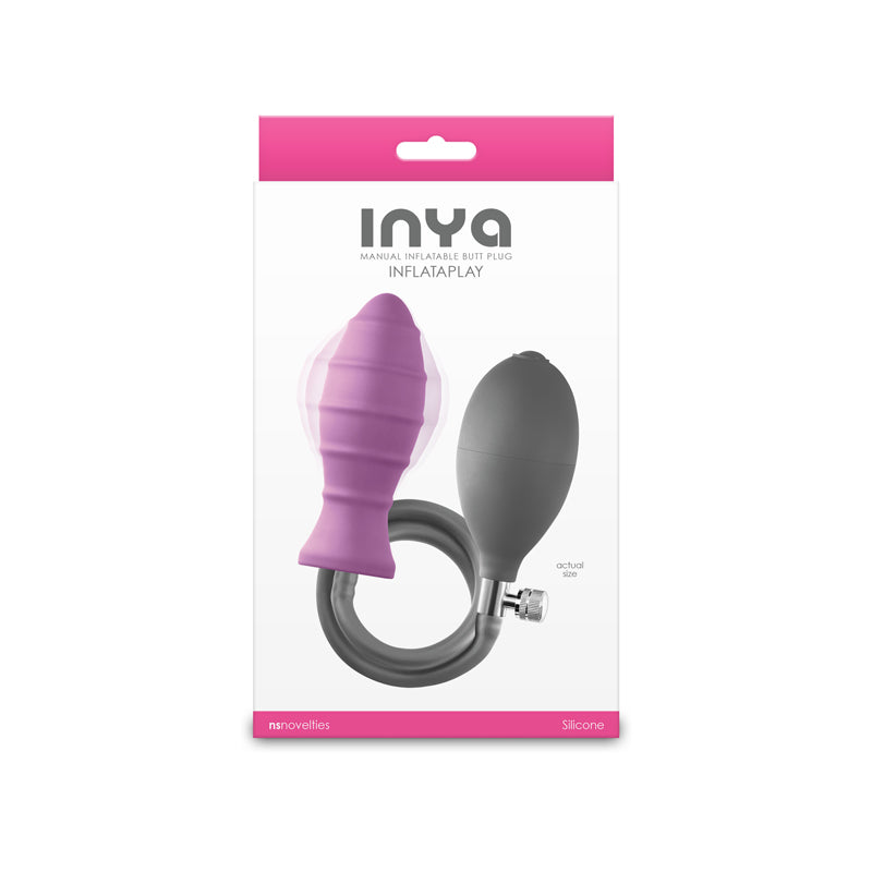 INYA InflataPlay -  -  10.5 cm Inflatable Butt Plug packaging showing a purple plug and grey pump, ideal for intimate essentials.