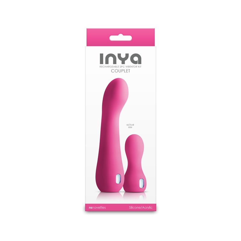 INYA Couplet -  -  USB Rechargeable Vibrators - Set of 2 Sizes packaging featuring two pink vibrators.