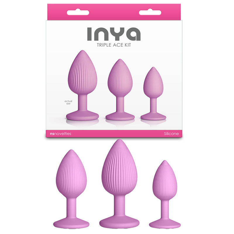 INYA Triple Ace Kit - Blush - Butt Plugs - Set of 3 Sizes displayed with textured designs and strong suction cups.