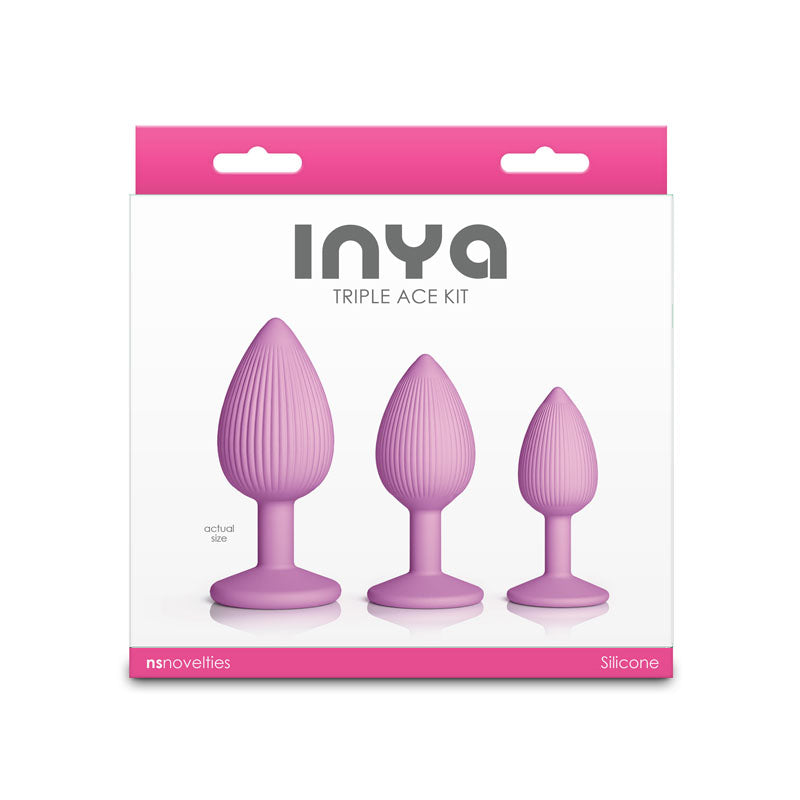 INYA Triple Ace Kit - Blush -  Butt Plugs - Set of 3 Sizes in purple silicone packaging.