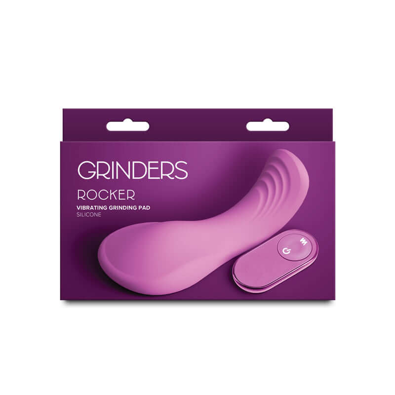 Grinders Rocker USB rechargeable vibrating grinder pad packaging in vibrant purple with remote control.
