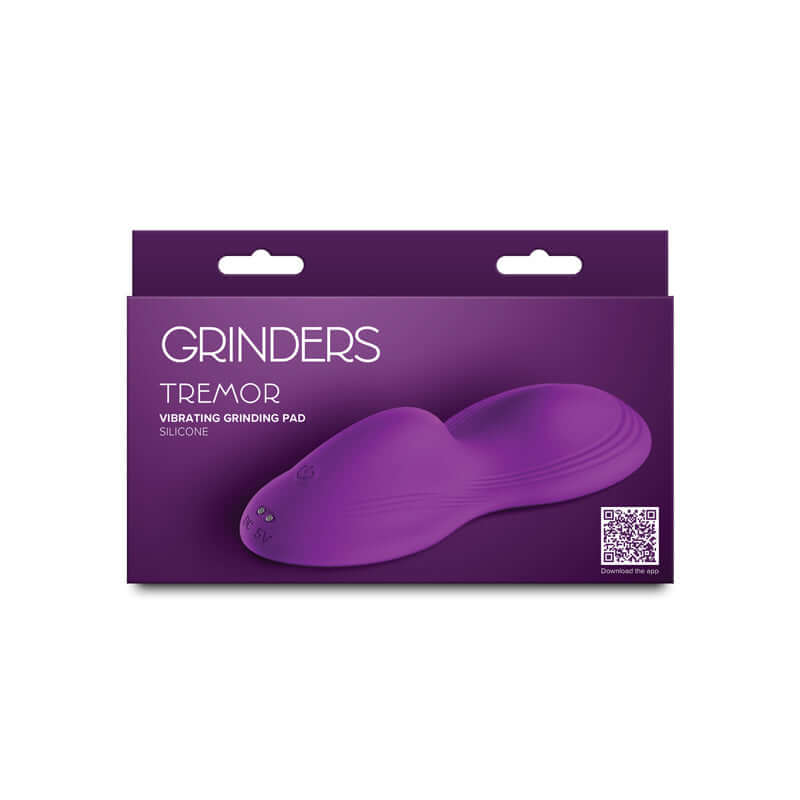 Grinders Tremor - Violet USB rechargeable vibrating grinder pad packaging showcasing silicone design and features.
