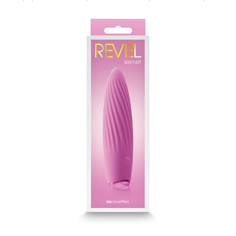 Revel Kismet -  -  11.8 cm USB Rechargeable Vibrator in elegant packaging showcasing its pink color and design.
