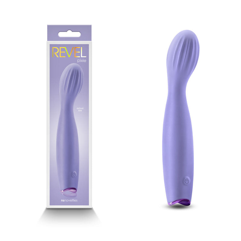 Revel Pixie -  -  17.3 cm USB Rechargeable Vibrator displayed in packaging and standing alone.