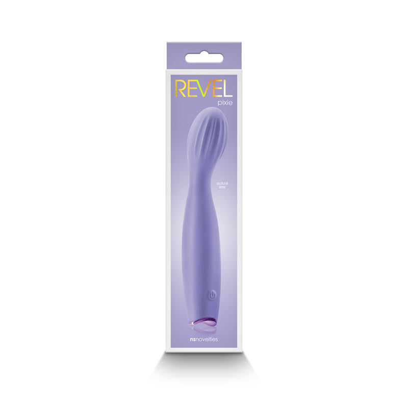Revel Pixie -  -  17.3 cm USB Rechargeable Vibrator in packaging, showcasing its sleek design.