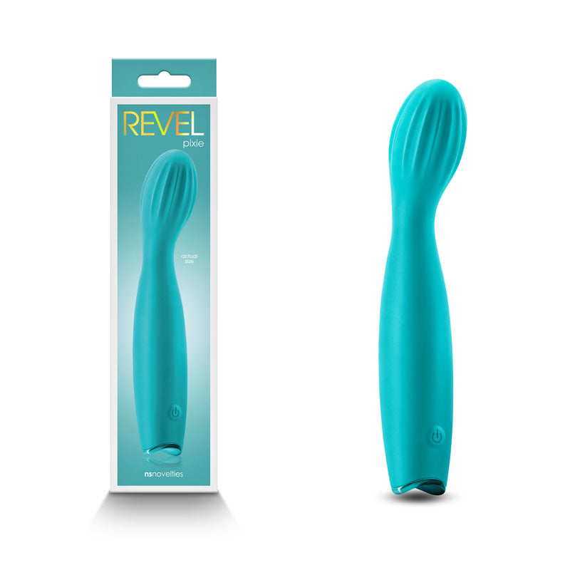 Revel Pixie - Teal - Teal 17.3 cm USB Rechargeable Vibrator with flexible curved shaft and bulbous head.