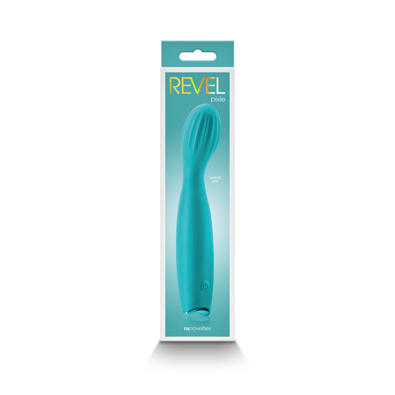 Revel Pixie - Teal - Teal 17.3 cm USB Rechargeable Vibrator in packaging, showcasing its sleek design.