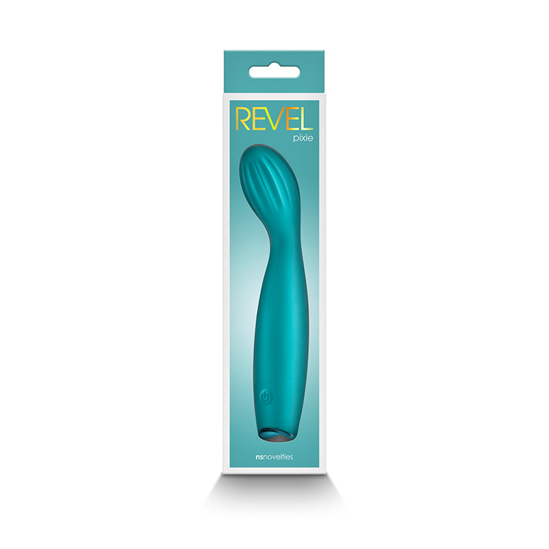 Revel Pixie - Teal - Teal 17.3 cm USB Rechargeable Vibrator in packaging for intimate essentials.