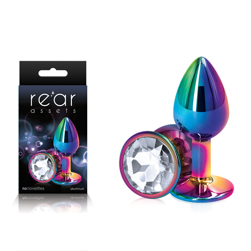 Rear Assets Multi Small metal butt plug with gem base featuring a colorful chrome finish and clear gem base.