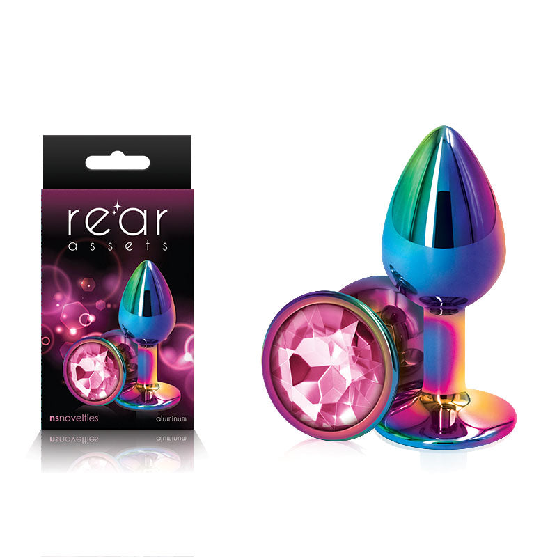 Rear Assets Multi  Small - Multi  Small Metal Butt Plug with Pink Gem Base next to packaging.