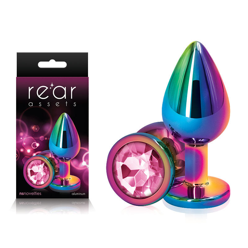Rear Assets Multi  Medium - Multi  Medium Metal Butt Plug with Pink Gem Base next to its packaging, vibrant colors and design.