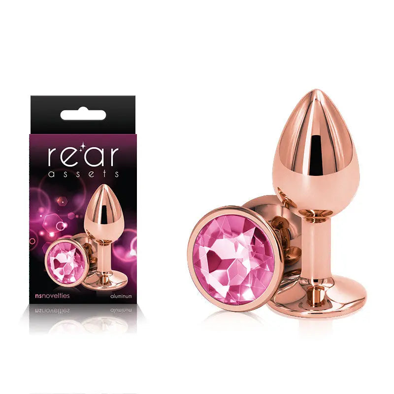 Rear Assets Rose Gold Small - Rose Gold Small Metal Butt Plug with Pink Gem Base NS Novelties Discreet Intimate Essentials.