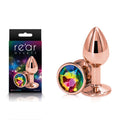 Rear Assets Rose Gold Small - Rose Gold Small Metal Butt Plug with Rainbow Gem Base displayed with packaging.
