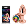 Rear Assets Rose Gold Medium - Rose Gold Medium Metal Butt Plug with Rainbow Gem Base displayed with packaging.