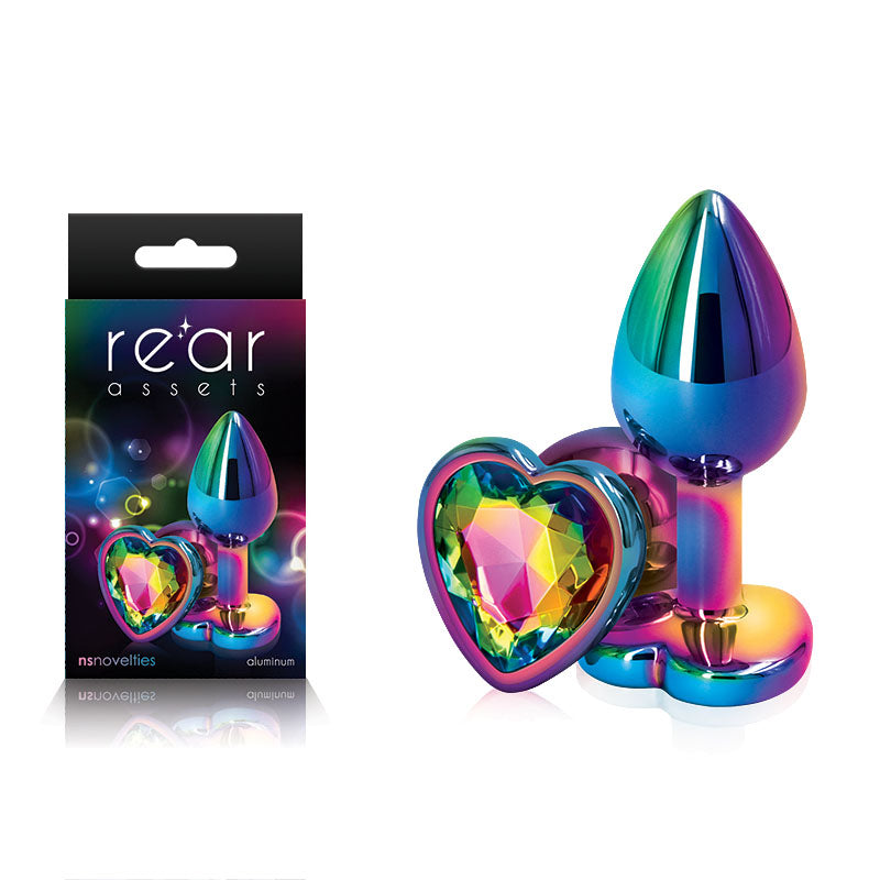 Rear Assets Multi  Heart - Multi  Small Metal Butt Plug with Rainbow Heart Gem Base and packaging.