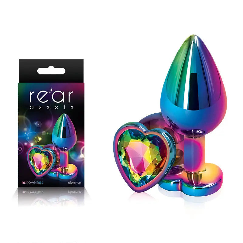 Rear Assets Multi  Heart - Multi  Medium Metal Butt Plug with Rainbow Heart Gem Base NS Novelties Discreet Intimate Essentials.