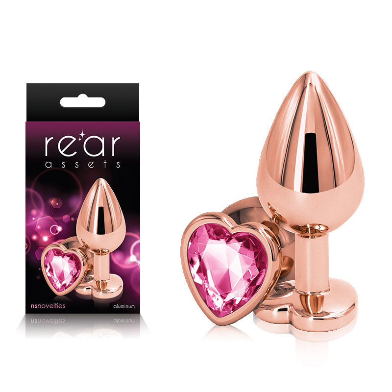 Rear Assets Rose Gold Heart Medium - Rose Gold Medium Metal Butt Plug with Pink Heart Gem Base.