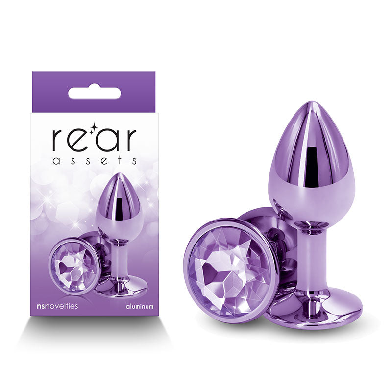 Rear Assets - Small -  -  7.1 cm Small Metal Butt Plug with  Round Gem Base in purple packaging.