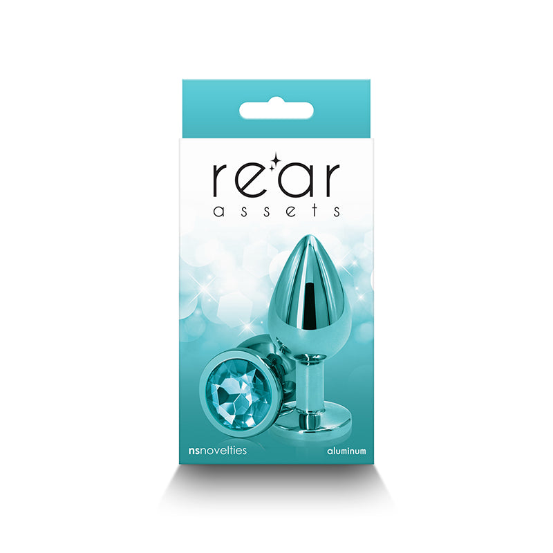 Rear Assets - Medium - Teal - Teal 8.2 cm Medium Metal Butt Plug with Teal Round Gem Base packaging with aluminum design.