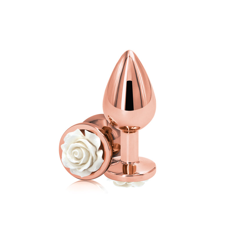 Rear Assets Rose - Medium -  8.9 cm Metal Butt Plug with White Rose Base, chrome-plated anal toy for intimate essentials.
